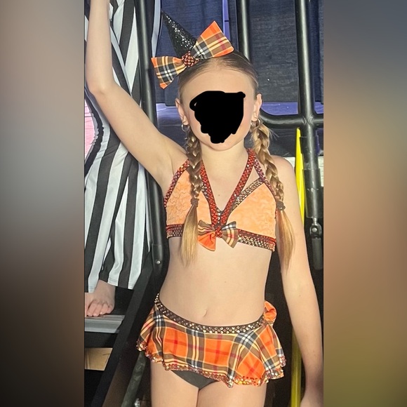 Cute jazz costume. Child size L. Orange and black with headband hat - Picture 1 of 9